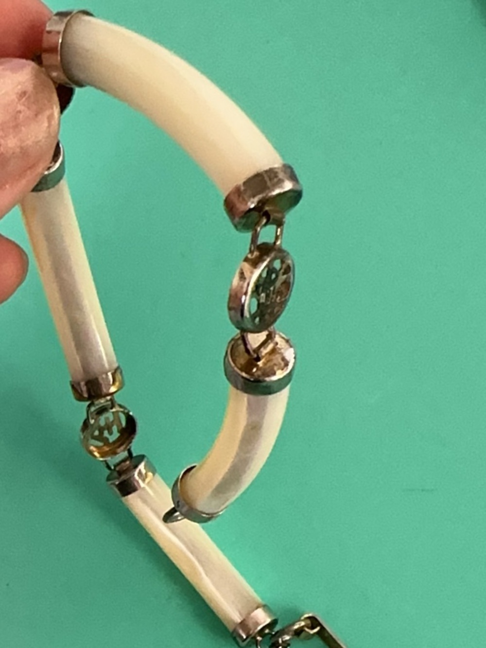 Mother of Pearl Tube Link Bracelet with Silver Chinese Fortune